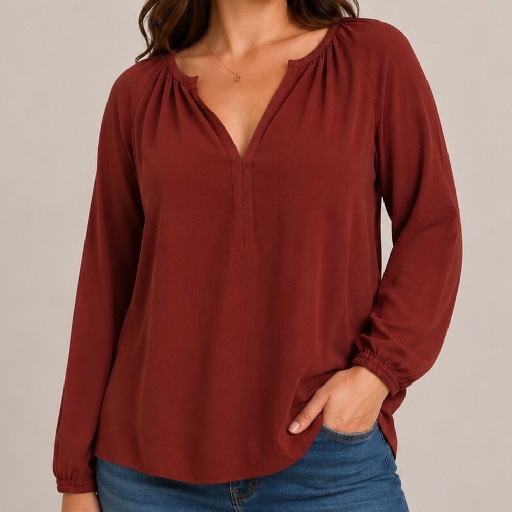 J.Crew Point Sur Rust Red Viscose Peasant Blouse XS Boho Tie Sleeve Top